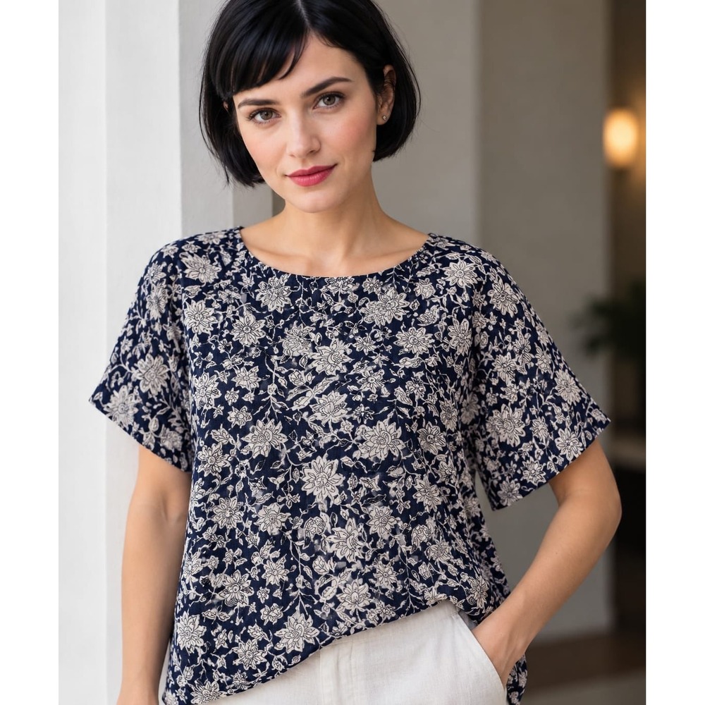J Jill Pure Jill Linen Top Womens M Navy Floral Botanical Boxy Blouse NWT